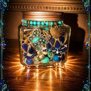 “Deep Blue” Mystery Jewelry Jar with Turquoise & Navy Colored Jewelry